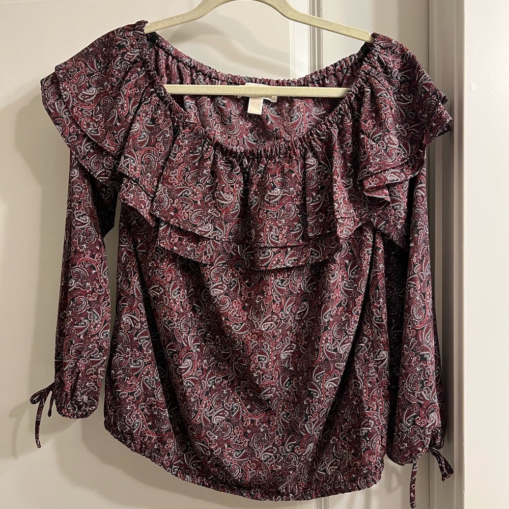 MICHAEL Michael Kors Pink and Black Ruffled 3/4 Sleeve Blouse